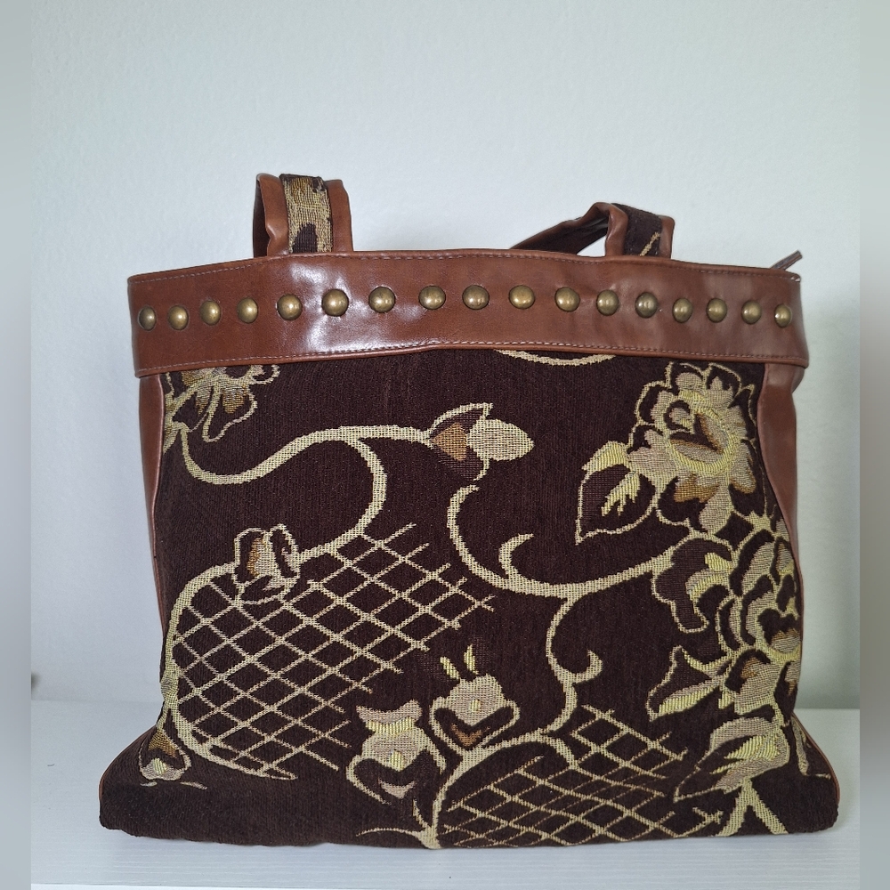Brown and Gold Floral Tote Bag